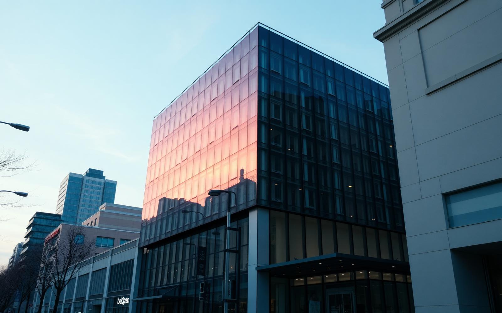 Modern glass commercial office building at blue hour
